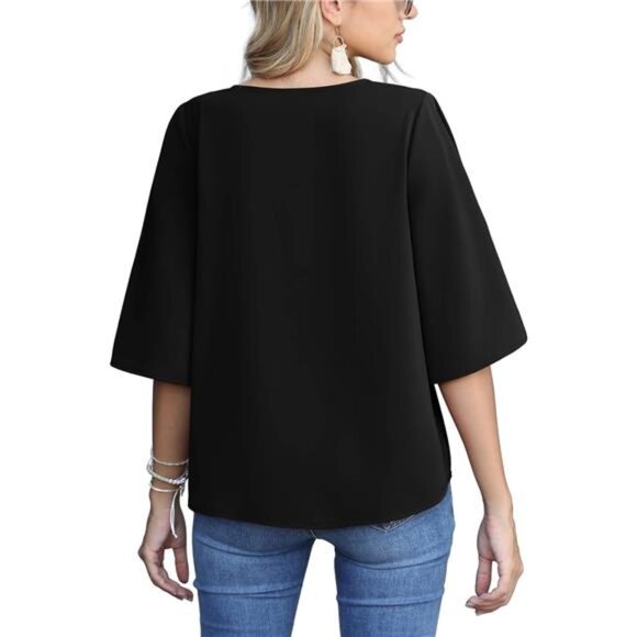 Women's Casual V-Neck Batwing Sleeve Top – Tie-Front Chiffon Blouse - Picture 2 of 5